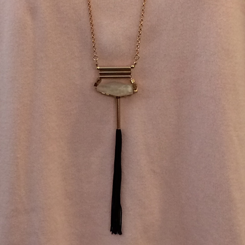 Translucent Stone Necklace w Black Fringe Finalie